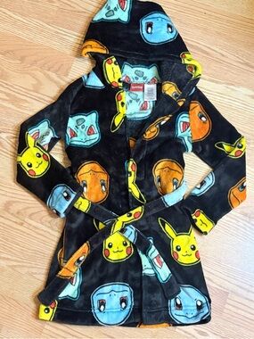 Pokemon Black Plush Hoodie with Yellow, Blue & Teal Character Faces Size 6/7